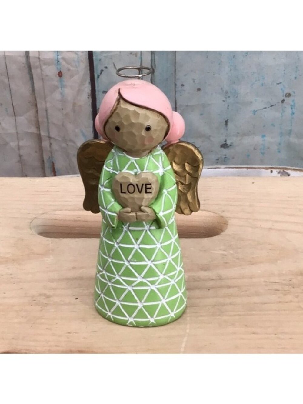 Hallmark 1981 Azusa Omura Love Angel Figurine 5" Green Dress Pink Hair Gold Wing